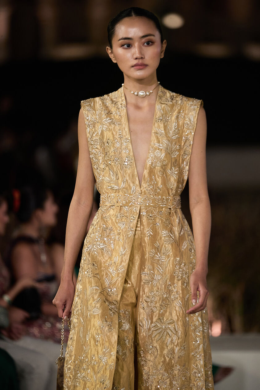 Summerfern Embroidered Applique Silk Co-ord - Gold, Gold, image 3